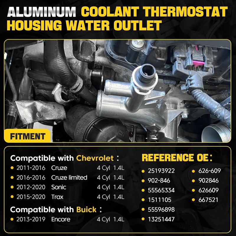 YEHERIT Aluminum Water Outlet Coolant Housing Matte Frosted 25193922 902-846 Compatible with 2011-2020 Chevy Cruze Sonic Trax Buick Encore 1.4L with Temperature Sensor, Inlet Hose, Oil Cooler Hose - Image 2